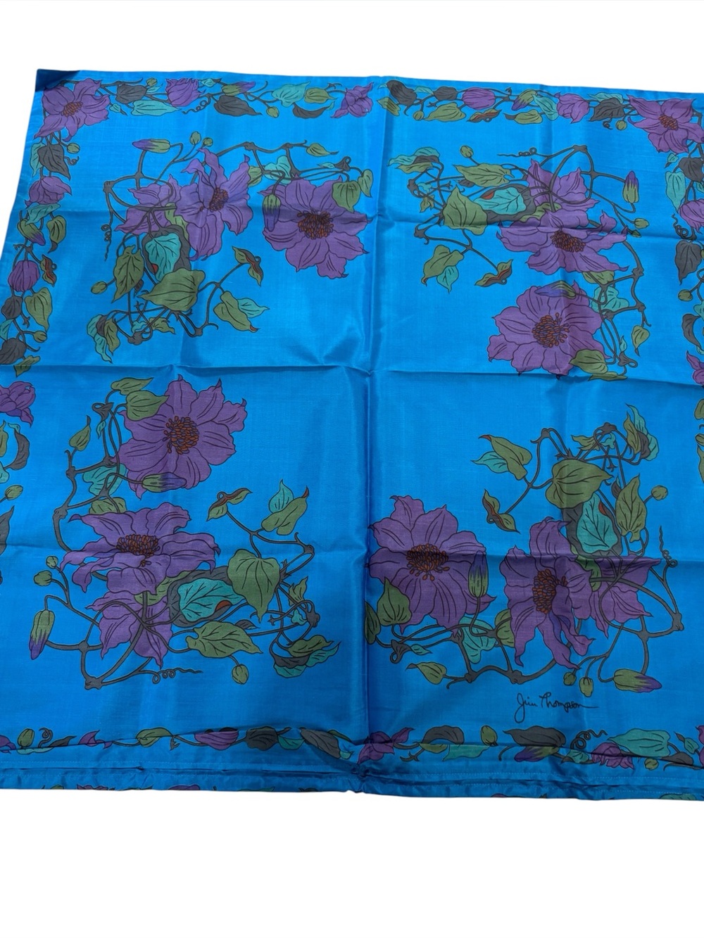 Vintage Jim Thompson Thai Silk Floral Pillow Cover Blue Purple 32x32 Large
